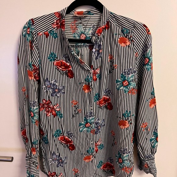 LOFT Striped and Floral Print Blouse, XS - Picture 2 of 5
